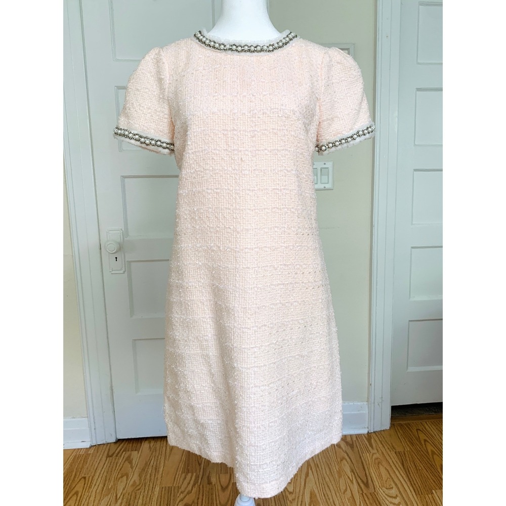 Vintage Betsey Johnson Pink Bouclé Tweed Shift 4 Pearl Rhinestone Mini Dress - Picture 2 of 16